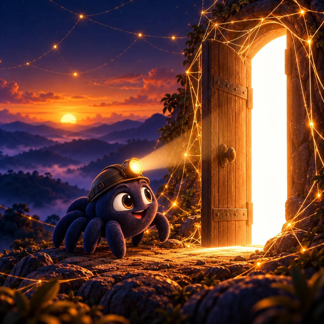 A aranhinha iluminando uma porta aberta para o vazio